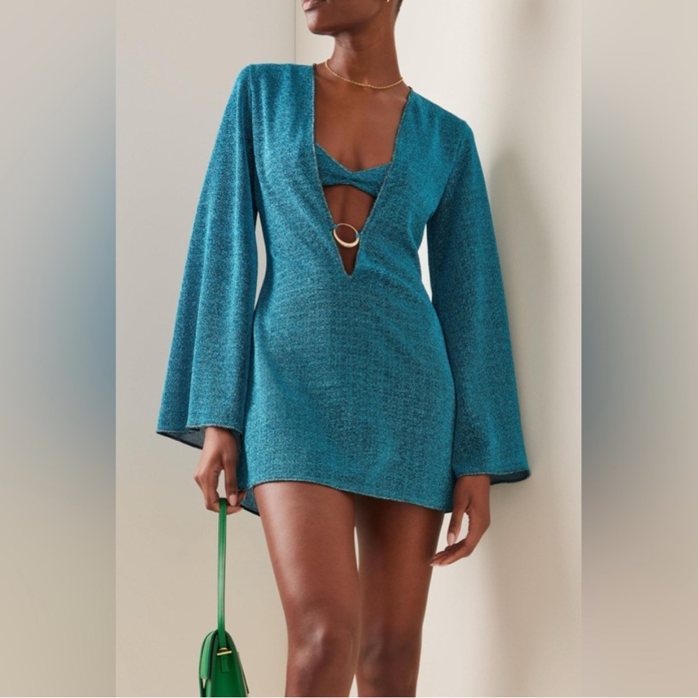 NWT Oseree metallic effect v-neck dress / lumiere long sleeve mini dress